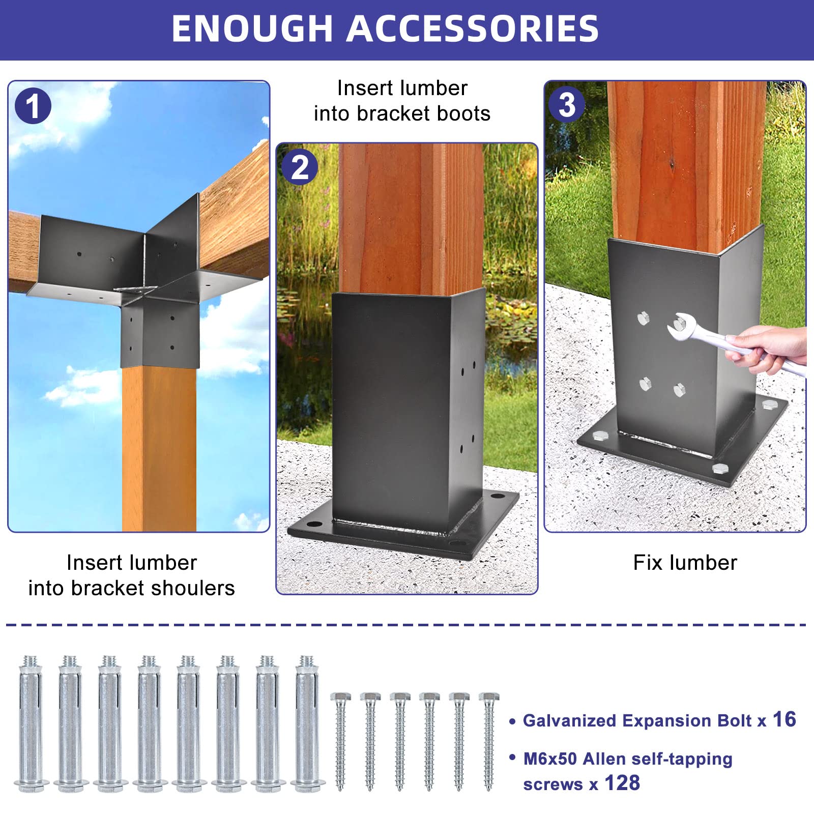 TPSHKE Pergola Kit, 4 Pack 4"×4" 3-Way Right Angle Corner Pergola Brackets & 4 Pack Post Base，3mm Thickness Heavy Duty Aluminum Pergola Kits with Screws for 4x4 Inch (Actual 3.6"x 3.6") Wood  - WoodArtSupply