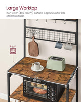 VASAGLE Bakers Rack with Charging Station, 31.5 Inches Coffee Bar Stand with Adjustable Storage Shelf, Grid Panel, 12 Hooks, Table for Microwave, Kitchen, Rustic Brown and Ink Black UKKS016K01 VASAGLE