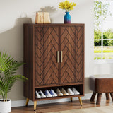 Tribesigns Walnut Shoe Cabinet with Doors, 6-Tier 24 Pairs Shoe Storage Cabinet for Entryway, Wooden Entryway Shoe Cabinet with Adjustable Shelves for Living Room, Bedroom (Walnut, Gold Legs) Tribesigns