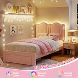 EnHomee Twin LED Bed Frame with Storage Drawer,Princess Bed Frame Twin Size,Cute Upholstered Bed Frame with Adjustable Cloud Headboard,Strong Support,No Box Spring Required,Easy Assembly,Pink EnHomee