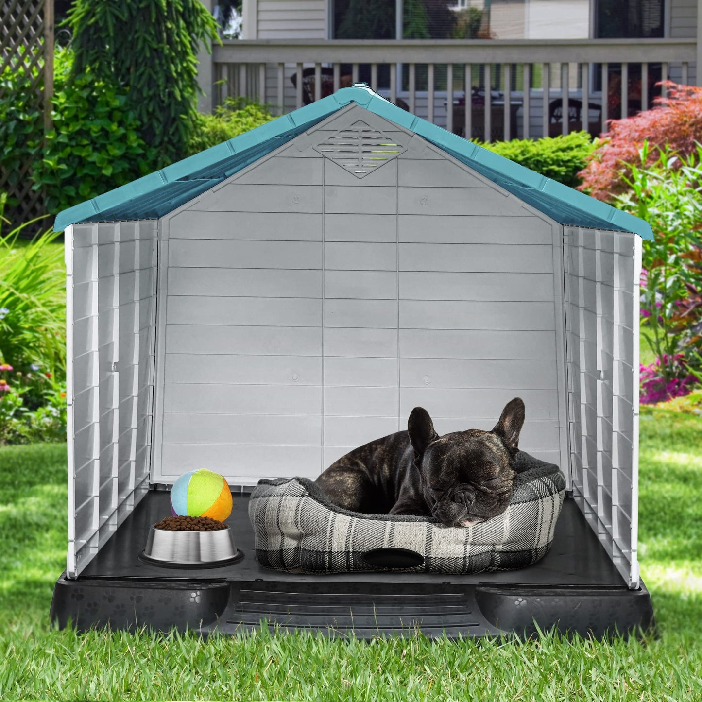 YITAHOME 28.5'' Plastic Dog House Outdoor Indoor Doghouse Puppy Shelter Water Resistant Easy Assembly Sturdy Dog Kennel with Air Vents and Elevated Floor (28.5''L*26''W*28''H, Blue)