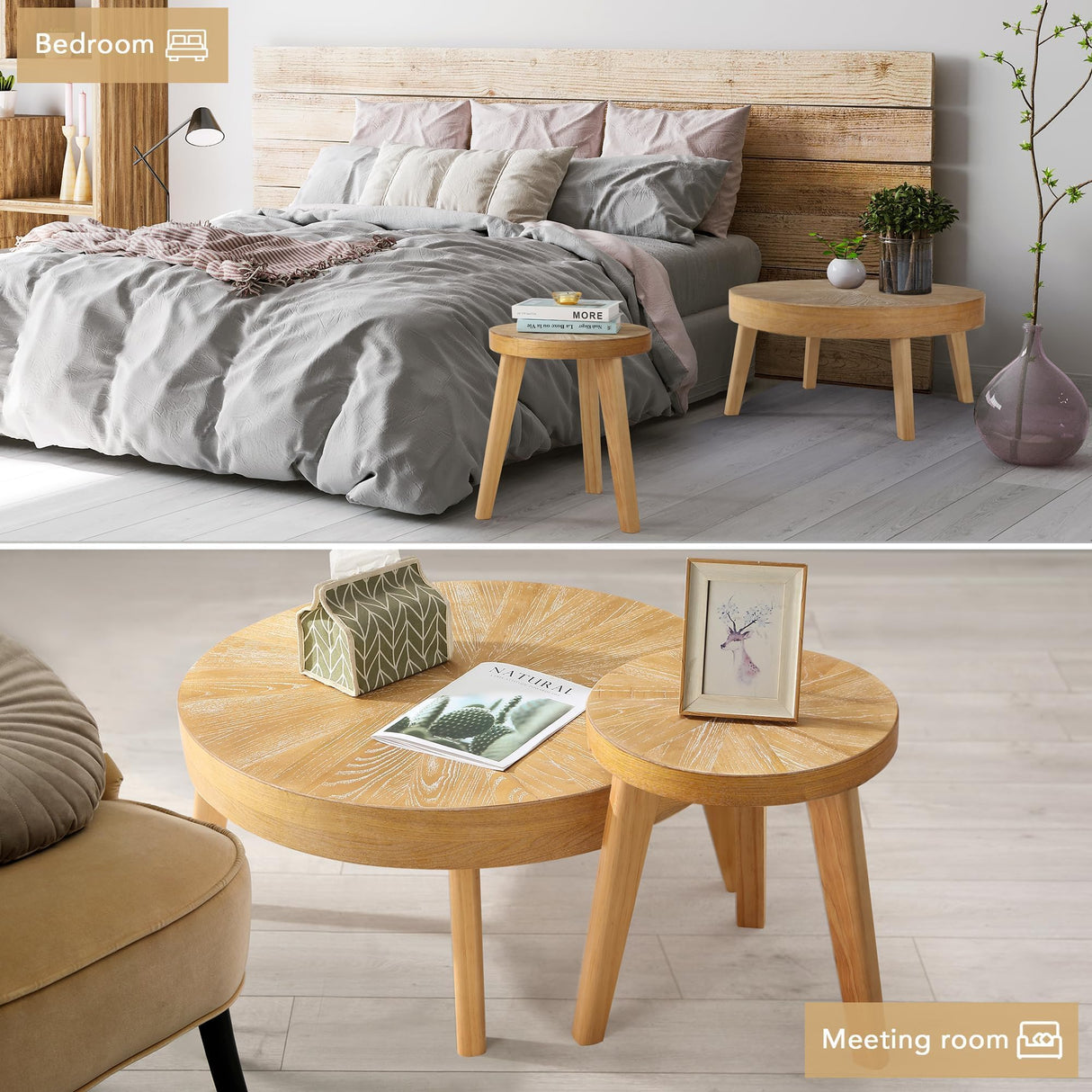 HOKYHOKY Farmhouse Round Coffee Table Set of 3, Boho Sofa Side Nesting Tables End Table Set with Wood Natural Finish for Living Room, Bedroom, Home Office,Natural HOKYHOKY