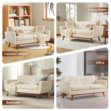 Kingfun 2 Piece Loveseat and Sofa Sets, Mid Century Modern Decor Love Seat Couches for Living Room, Button Tufted Upholstered Furniture, Easy to Install Small Couch for Bedroom, Office, Beige Kingfun