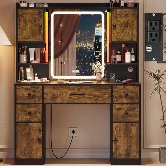 Tiptiper Makeup Vanity Desk with Digital Clock, Mirror and Lights, Large Vanity Table with Charging Station, Farmhouse Dressing Table with 5 Drawers - WoodArtSupply