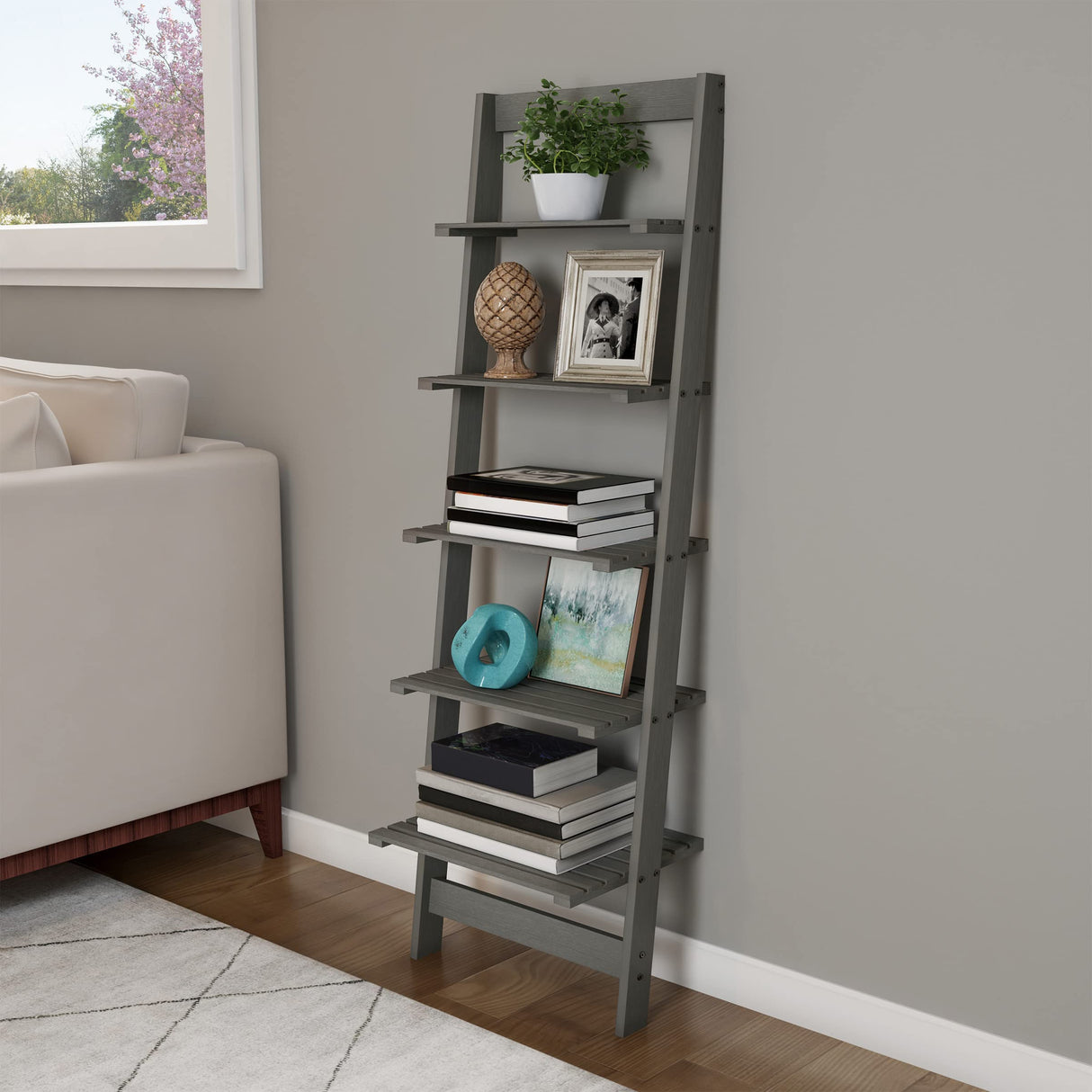 Skinny Ladder Bookshelf - 5-Tier Shelving Unit - Whitewash Wood Farmhouse Decor for Living Room, Bedroom, Office, and Entryway by Lavish Home (Gray) Lavish Home