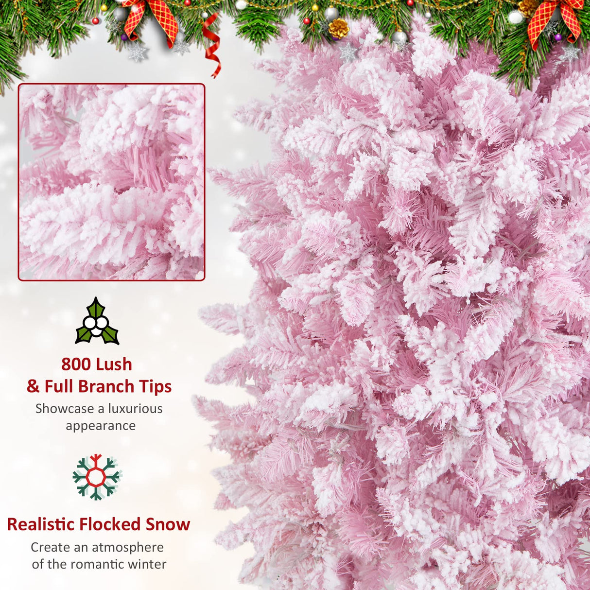 Goplus 7ft Pink Pre-Lit Pencil Christmas Tree, Snow Flocked Artificial Slim Tree with 800 Branch Tips, 300 LED Lights, 8 Lighting Modes, Life-Like Hinged Xmas Tree for Indoor Home Office Holiday Decor Goplus
