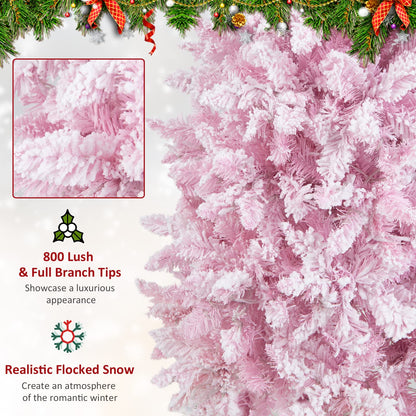 Goplus 7ft Pink Pre-Lit Pencil Christmas Tree, Snow Flocked Artificial Slim Tree with 800 Branch Tips, 300 LED Lights, 8 Lighting Modes, Life-Like Hinged Xmas Tree for Indoor Home Office Holiday Decor