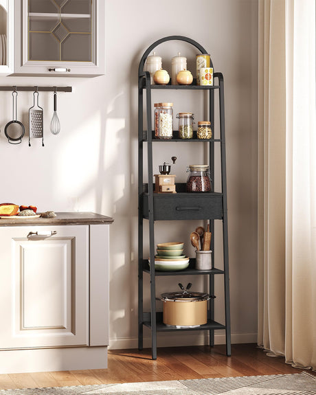 CHOEZON 5 Tier Ladder Shelf with Drawer, Tall Ladder Bookshelf, Standing Bookcase with Metal Frame for Living Room, Bathroom, Home Office, Study, Balcony, Black TCJ07BB CHOEZON