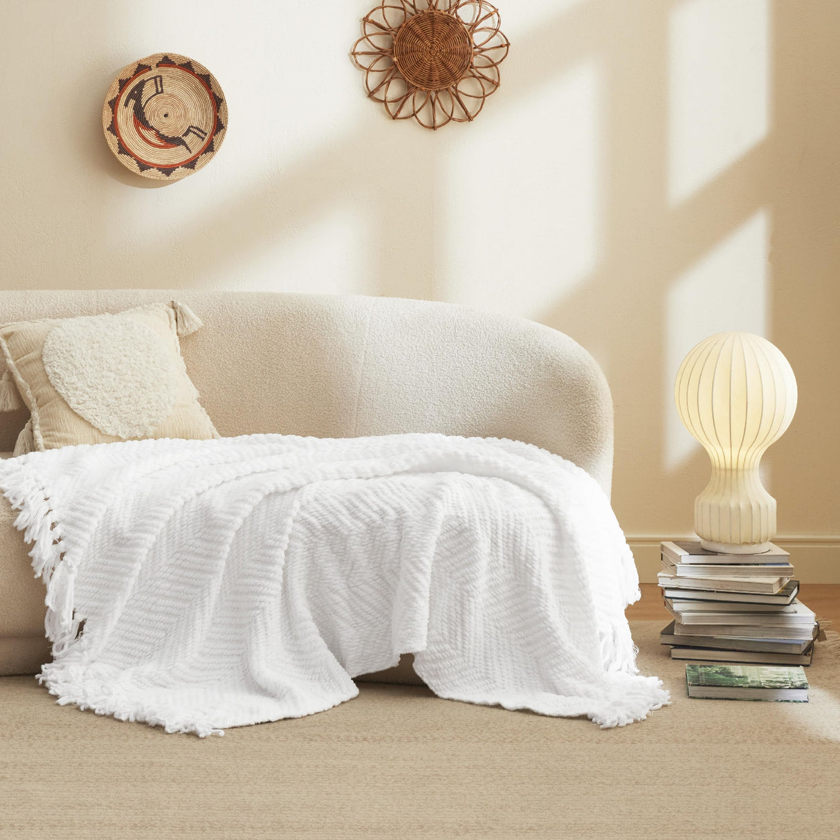 Bedsure Throw Blanket for Couch – White Versatile Knit Woven Chenille Blanket for Chair, Super Soft, Warm & Decorative Blanket with Tassels for Bed, Sofa and Living Room (White, 50 x 60 inches) Bedsure