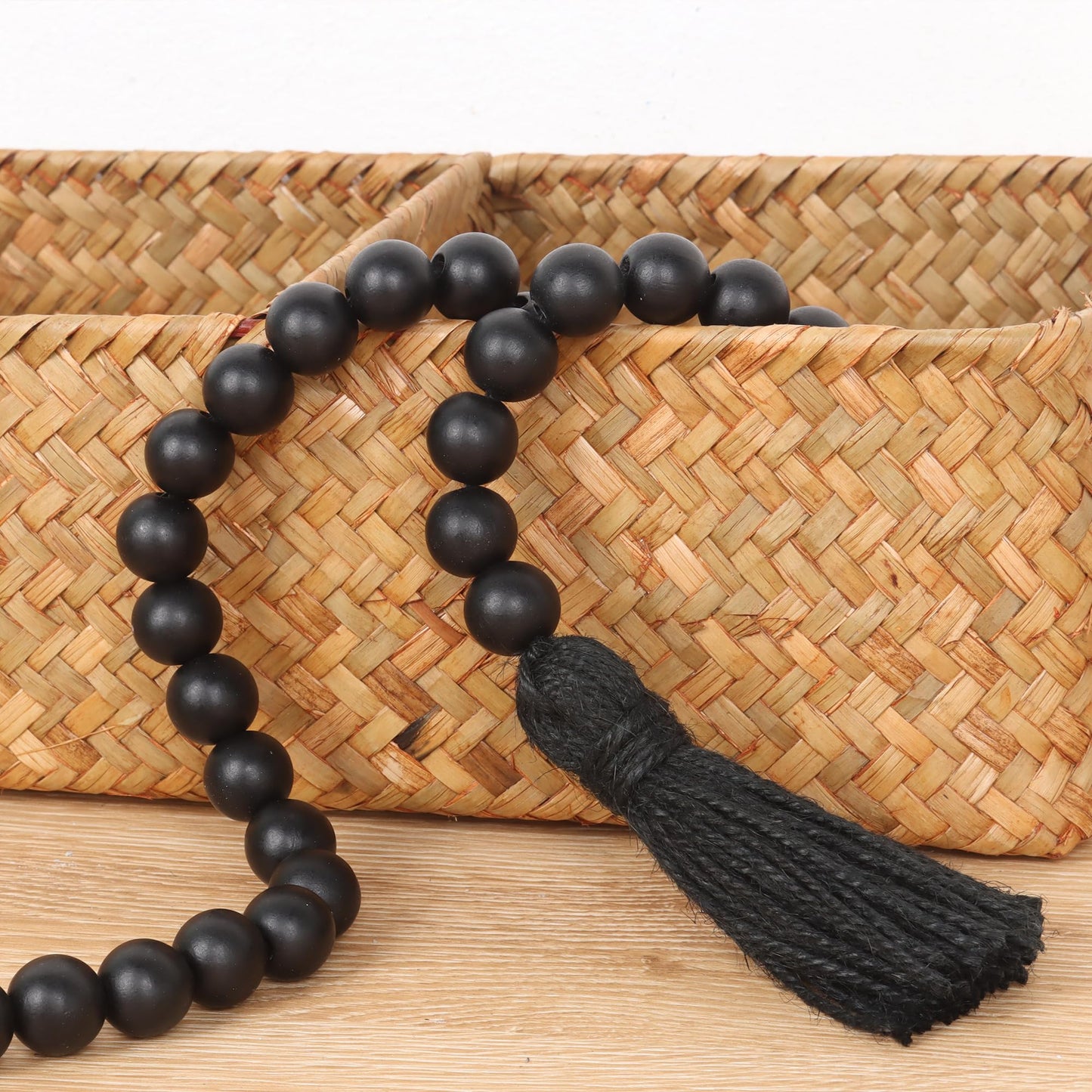 RAMIRABI Wood Beads Garland with Tassels Farmhouse Beads Rustic Prayer Beads Boho Beads for Boho Home Decor,Wall Hanging Decoration (Black)