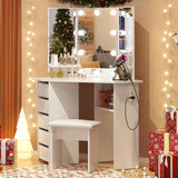 VOWNER Vanity with Lights - Makeup Vanity Desk with Power Outlet, 3 Color Lighting Options Brightness Adjustable, Vanity Table with 5 Sliding Drawers, Shelves and Stool for Bedroom, White VOWNER