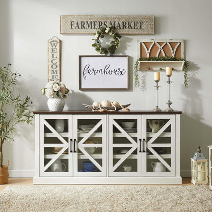 IFGET Farmhouse Buffet Cabinet with Storage, 70" Wood Rustic Sideboard Buffet Cabinet w/4 Glass Barn Doors & Adjustable Shelf, Coffee Bar Cabinet for Kitchen, Dining Room, Living Room (White) - WoodArtSupply