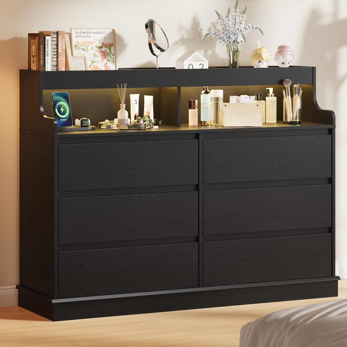 Dresser for Bedroom, 6 Drawer Dresser with LED Lights and Charging Station, Wide Chest of 6 Drawers with Open Space, Modern Large Capacity Storage Cabinet, Living Room, Hallway, Black GarveeHome