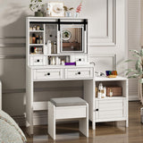 MECHYIN Vanity Desk with Sliding Mirror and Lights, 49'' Farmhouse Makeup Vanity with Nightstand & Power Outlet, Vanity Table with Drawers, Storage Shelves, Dressing Table Set with Stool for Bedroom MECHYIN