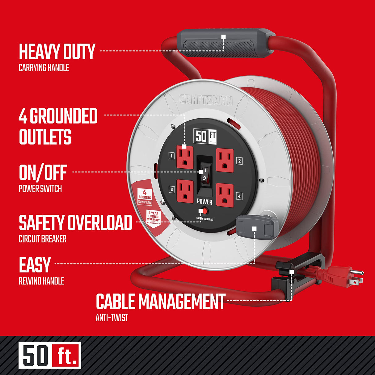 CRAFTSMAN 50 Ft. Contractor Edition Retractable Extension Cord Reel With 4 Outlets & Heavy Duty 12AWG SJTW Cable CRAFTSMAN