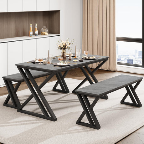GarveeHome Kitchen Table with 2 Benches, Dining Table Set for 4, Saving Space Dining Room Table Set for Kitchen, Dining Room, Apartment, Sturdy Metal Frame, Grey GarveeHome