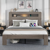 Full Size Wooden Bed Frame with Bookcace Storage Headboard, Rustic Farmhouse Bedframe with LED Lights and Charging Station, Sturdy and Stable, Slat Support, No Box Spring Required (Light Brown, Full) PAUKIN
