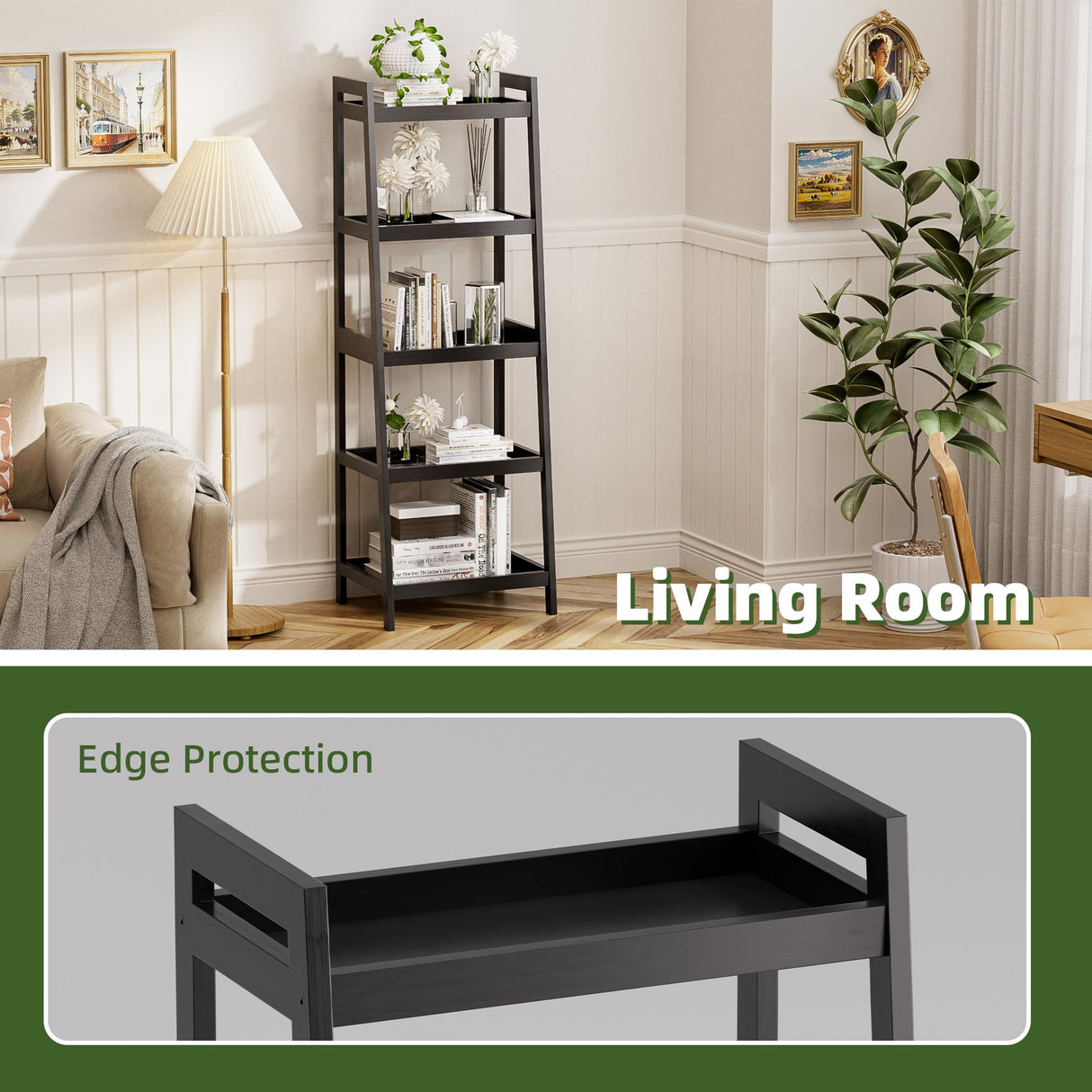 vovala Bookshelf, 5 Tier Ladder Bookcase with Bamboo Frame, Freestanding Tall Narrow Display Plant Shelf for Living Room, Kitchen, Bedroom, Balcony, Black vovala