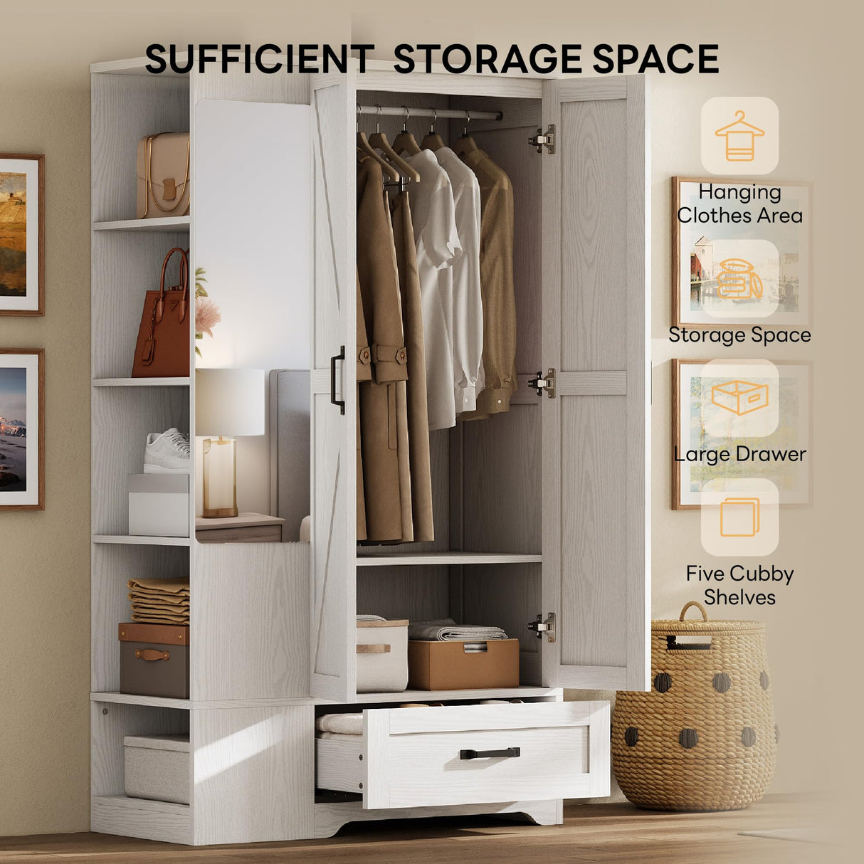 LIKIMIO Armoire Wardrobe Closet 70 Inches, Large Storage with Mirror, 2 Doors, Drawer, and Shelves, Modern Bedroom Freestanding Wooden Wardrobe Combination with Hanging Rail, White LIKIMIO