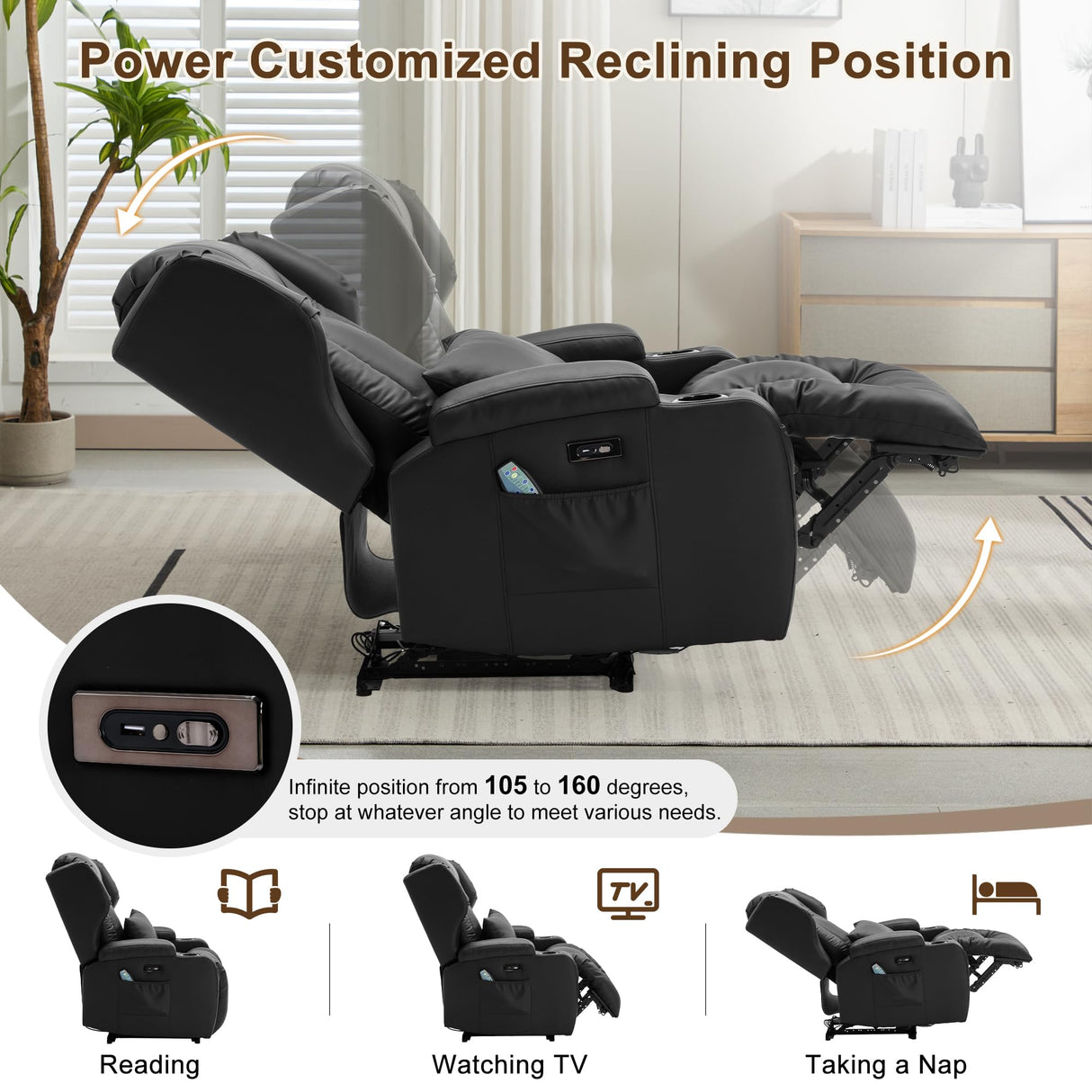DRMBOOK Power Recliner Chair Set of 2, Faux Leather Wall Hugger Reclining Sofa, Double Electric Home Movie Sofa with Massage & Heat, 2 Person Recliner Set with LED Light for Living Room RV, Black DRMBOOK