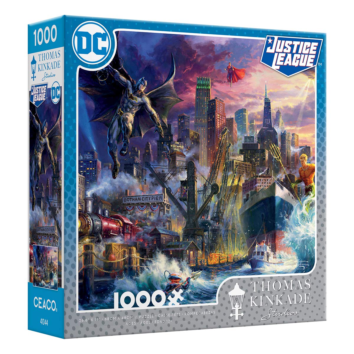 Ceaco - Thomas Kinkade - DC Comics - Justice League Showdown at Gotham Pier - 1000 Piece Jigsaw Puzzle Ceaco
