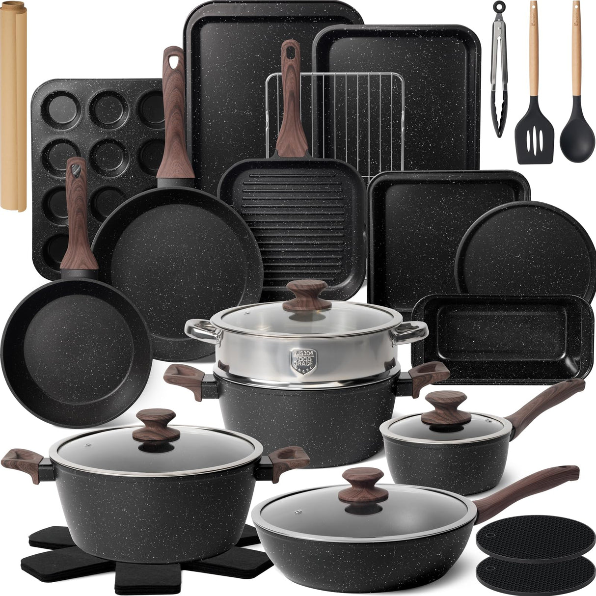 Kikcoin 31 Pcs Kitchen Cookware Set, Non Stick Pots and Pans Set Bakeware Set Nonstick Cooking Set with Baking Pans, Frying Pans, Saucepan, Grill Pan, Utensils Kikcoin
