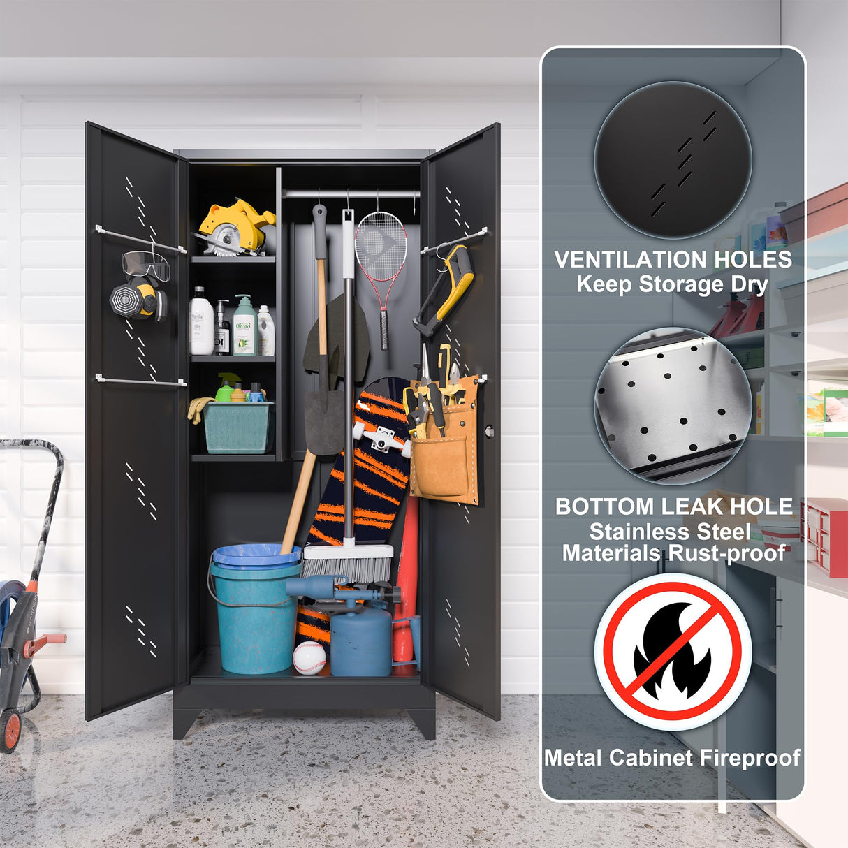 75" Taller Metal Garage Storage Cabinet,Tool Chest, Large Offiice Storage Cabinet wiith Lock Doors, Stainless Steel Bottom Plate with Holes,Utility Room Organization(H75* D16.53*L33.85)(BLACK) ZONLESON