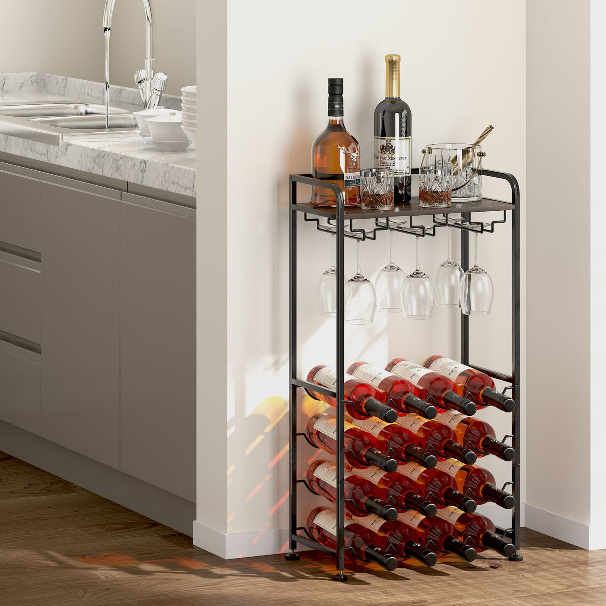 IBEDMAZIE Freestanding Floor Wine Rack,16 Bottles Wine Shelf for Kitchen,Dining Room,Home,Office, Bar,Perfect Combination of Wood and Metal, Easy to Install IBEDMAZIE