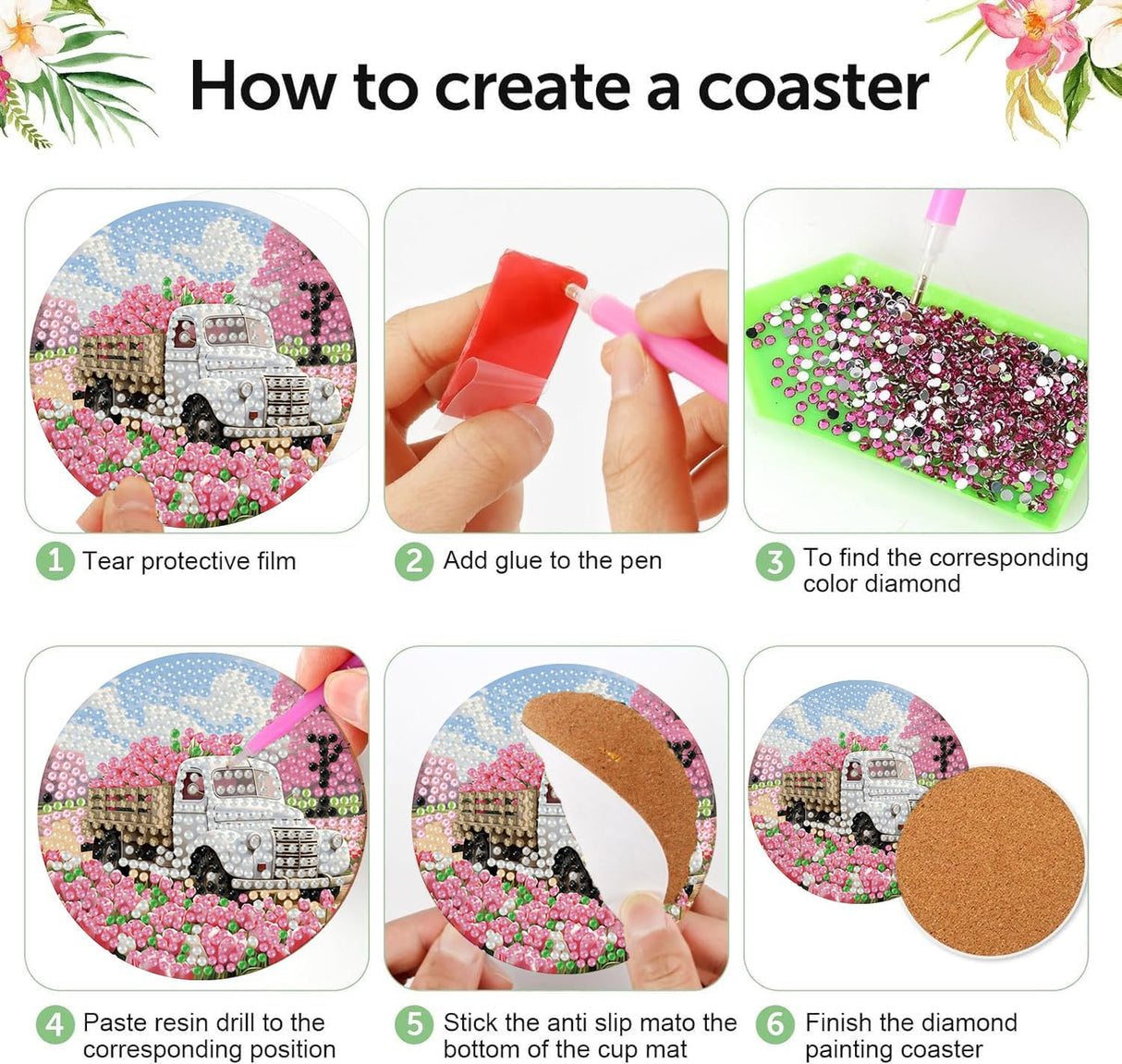 8 Pcs Diamond Art Coasters Kits - All Season Diamond Painting Coasters with Holder Cork Pads DIY Truck Art Dots Painting Set for Adults Beginners Crafts Meothan