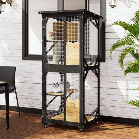 LEMBERI Cat House Catio Outdoor Enclosure Window, 71" Large Outside Patio Wooden Cat Cage with Wheels, Scratching Post, Waterproof Roof (Black) LEMBERI