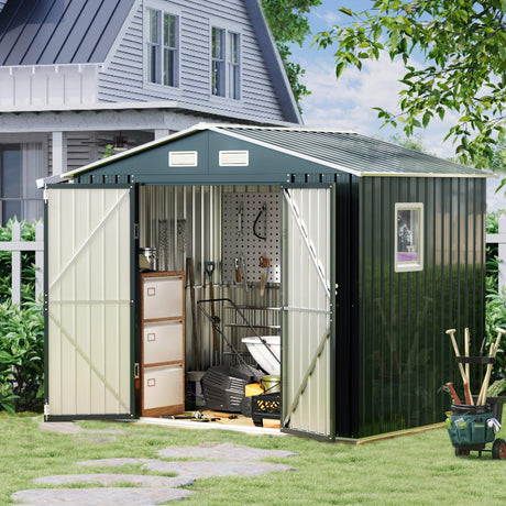 8x6FT Outdoor Steel Storage Shed with Clear Window, Lockable Doors, Weather-Resistant Metal Tool Shed for Garden, Backyard, Patio, and Utility Storage BreezZ