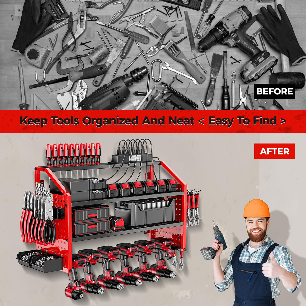 LBT Power Tool Organizer Wall Mount with Charging Station. Patented, Heavy Duty Steel, Garage 6 Drill Storage Shelf, 8 Hooks,2 Screw Boxes,6 Outlets Power Strip, Easy Install Power Tool Storage Rack. LBT