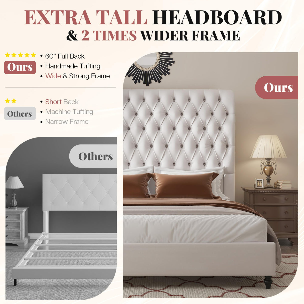 AMERLIFE Queen Size Bed Frame with 60" Tall Wingback Headboard, Velvet Upholstered Platform, Button Tufted Sleigh Design, No Box Spring Needed,Cream AMERLIFE