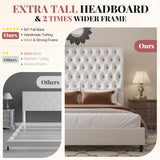 AMERLIFE Queen Size Bed Frame with 60" Tall Wingback Headboard, Velvet Upholstered Platform, Button Tufted Sleigh Design, No Box Spring Needed,Cream AMERLIFE