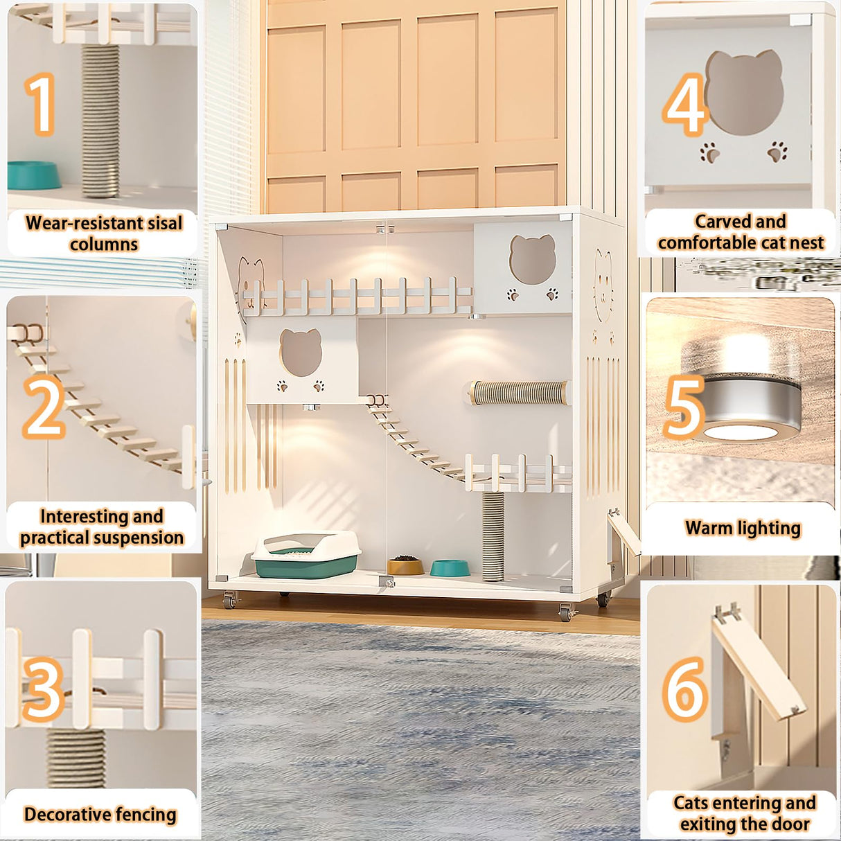 HUATOL Large Cat Cage, Wooden Cat House for Outdoor/Indoor Cats, Multi-Feature Cat Condo with Scratching Posts and Wheels, Enclosed Condo for Indoor Cats Ventilation, White, 50" X 48" X 24" HUATOL