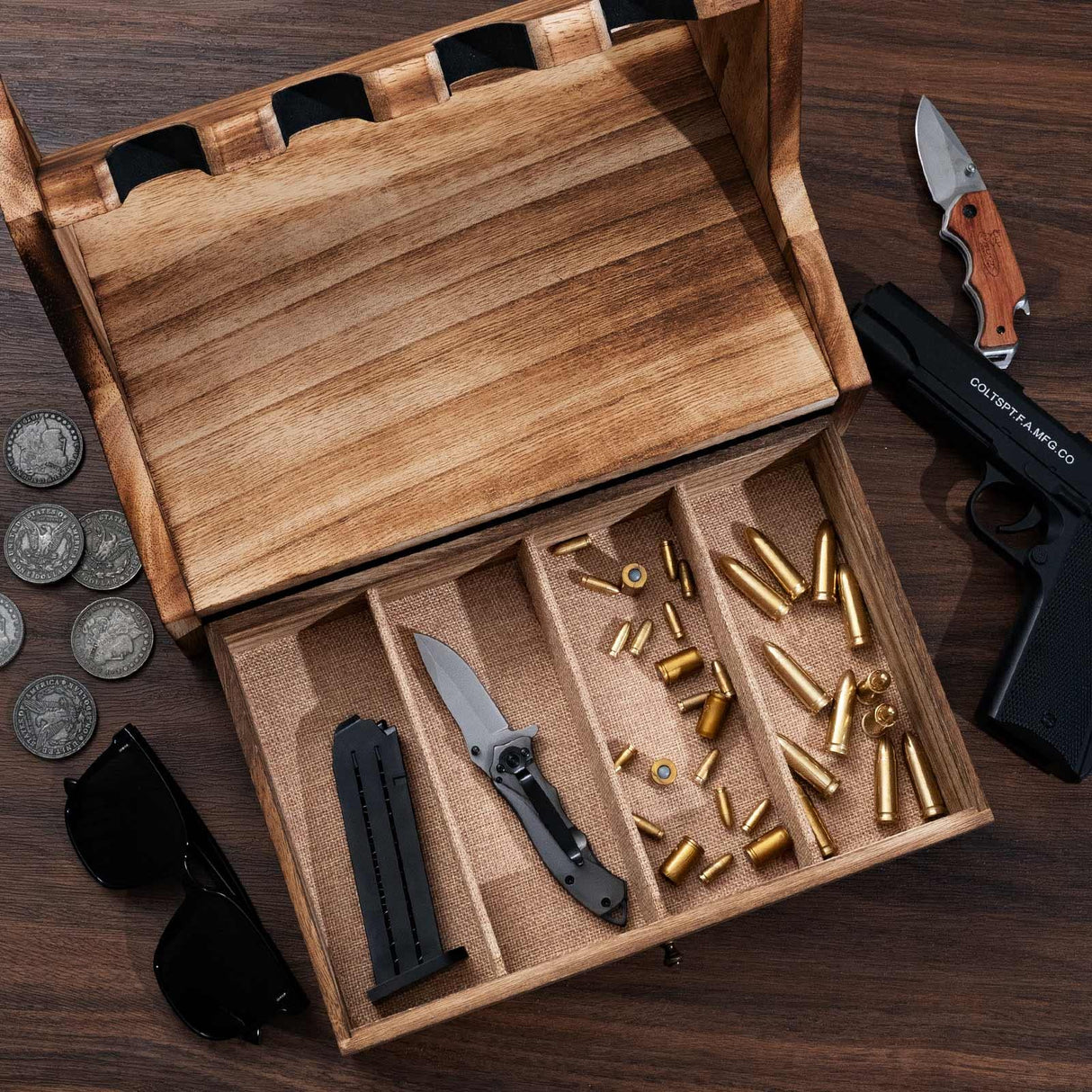 DGWJSU Pistol Rack Gun Safe, Real Wood Handgun Rack Holder for Gun Cabinet Accessories, Rustic Style Gun Rack Organizer for Nightstand, Gifts for Men DGWJSU