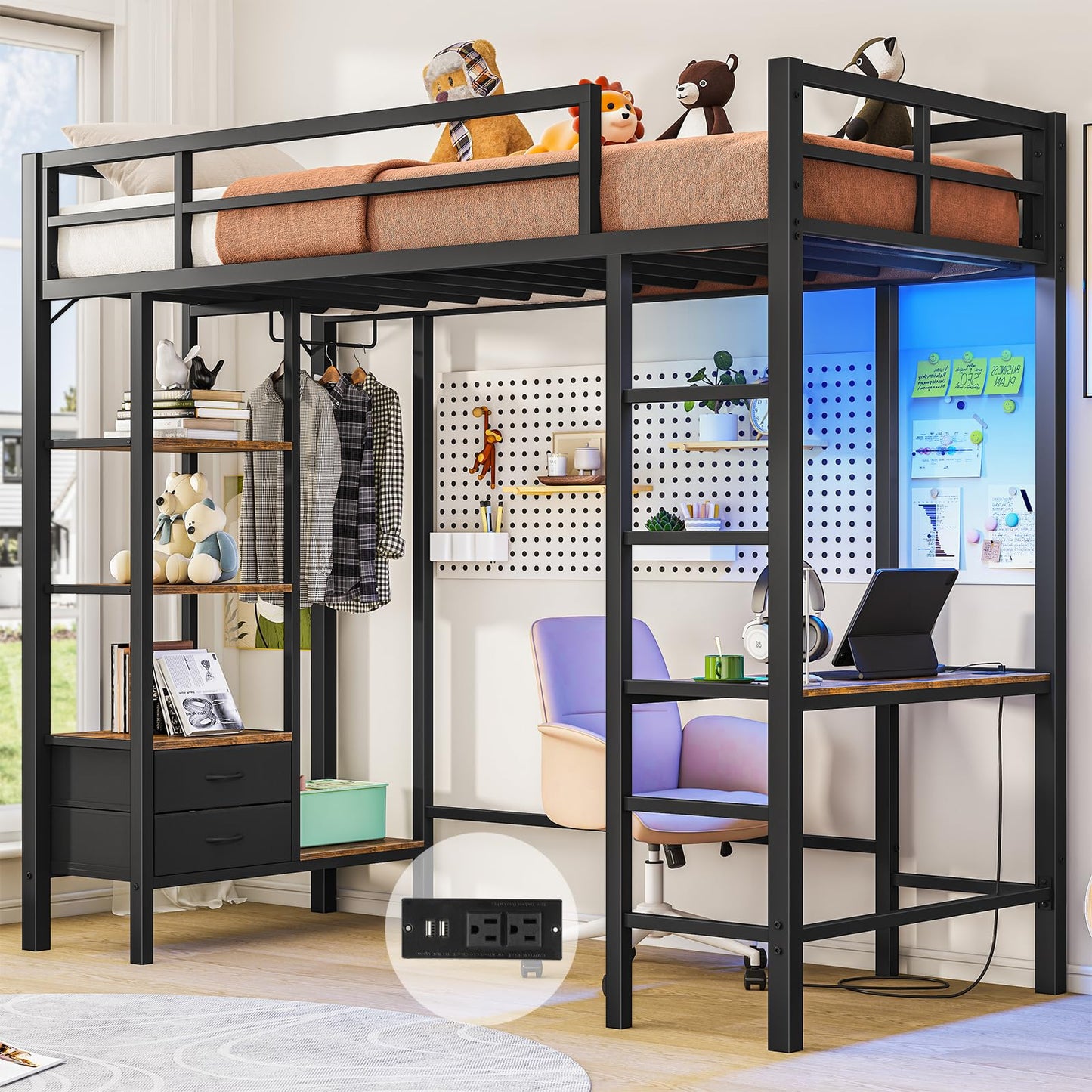 Hasuit Loft Bed Twin Size with Desk and Charging Station Metal Twin Loft Bed with LED Lights, 4 Storage Shelves & 2 Fabric Drawers, Twin Size Loft Bed with Safety Guard, Clothes Rail & Ladder, Black