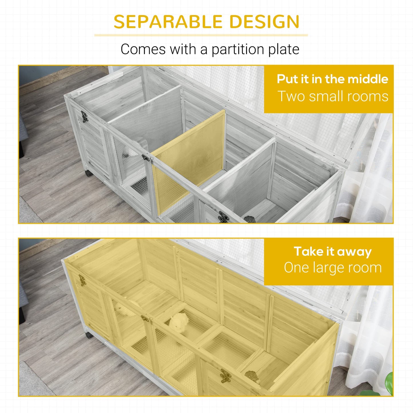 PawHut Wooden Rabbit Hutch, Bunny Cage with Wheels, Dividers, Openable Roof, Removable Trays, Small Animal Cages for 1-2 Rabbits, Indoor Outdoor Use, Light Gray - WoodArtSupply