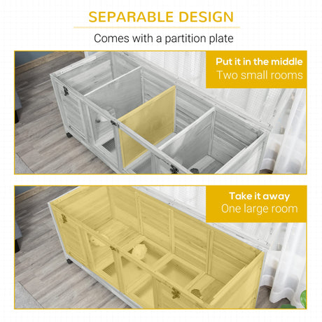 PawHut Wooden Rabbit Hutch, Bunny Cage with Wheels, Dividers, Openable Roof, Removable Trays, Small Animal Cages for 1-2 Rabbits, Indoor Outdoor Use, Light Gray PawHut