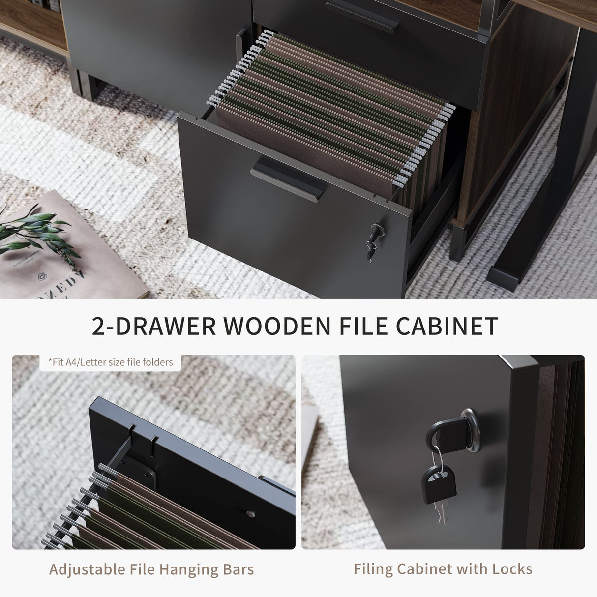 FEZIBO 66 Inch Executive L Shaped Standing Desk with 2-Drawer File Cabinet, Electric Height Adjustable Stand up Desk, Home Office Modern Wood Computer Desk with Shelves, Black Frame/Dark Walnut Top FEZIBO