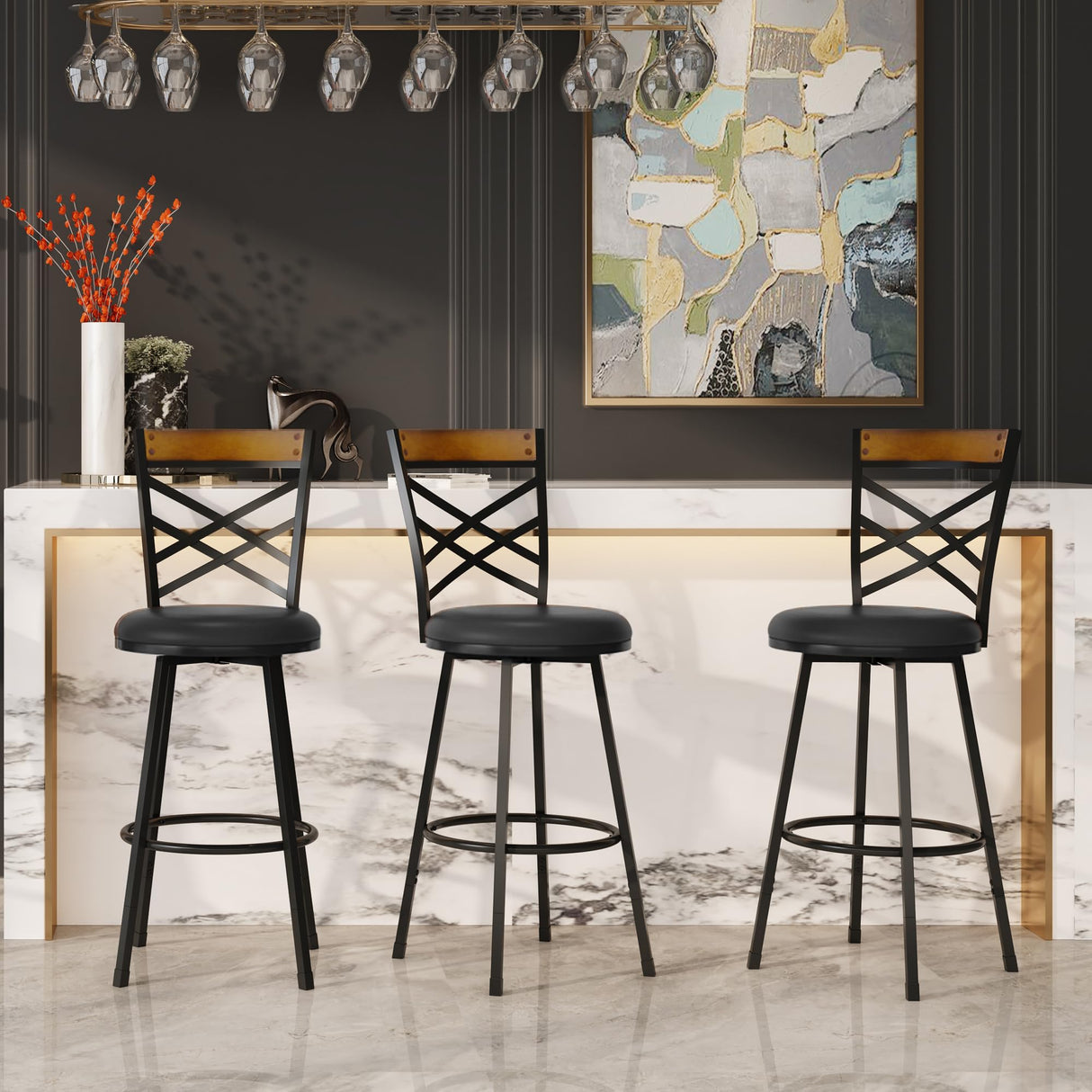 BOSHIRO Black Bar Stools Set of 2 - Rustic Wood & Metal Swivel Barstools with Curved Backrest, 360° Rotation, Adjustable Height Dining Chair for Living Room, Kitchen, Bar BOSHIRO