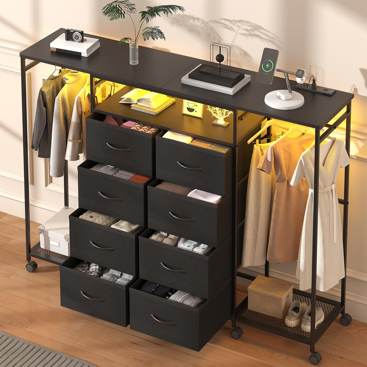 Frmobepts 59.1" W Dresser for Bedroom with Hanging Rack, 8 Drawer Dresser with LED Lights & Charging Station, Fabric Dressers with Portable Wheels,Metal Frame, Wooden Top (Black) Frmobepts