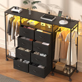 Frmobepts 59.1" W Dresser for Bedroom with Hanging Rack, 8 Drawer Dresser with LED Lights & Charging Station, Fabric Dressers with Portable Wheels,Metal Frame, Wooden Top (Black) Frmobepts