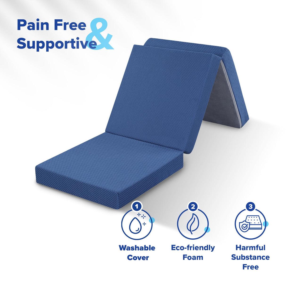 Olee Sleep Tri-Folding Memory Foam Mattress Topper, 4 Inch Gel Folding Mattress for Camping, Foldable Guest Bed, Washable Cover, CertiPUR-US Certified, Soft, Blue, Single Size Olee Sleep