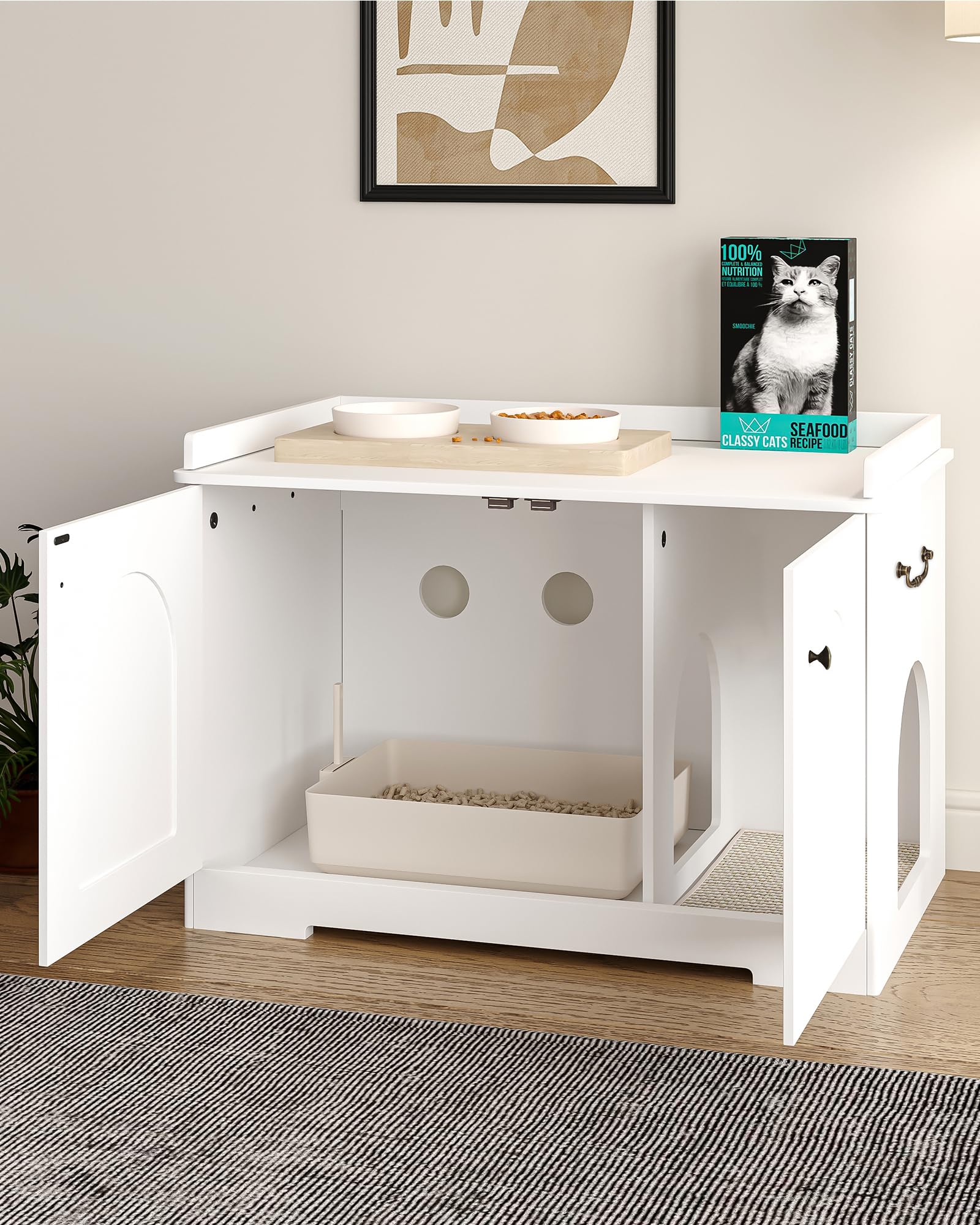 Hzuaneri Cat Litter Box Enclosure with Handles, Hidden Litter Box Furniture with Removable Partition, Wooden Pet House Side End Table, for Living Room, Bedroom, White CB05703X - WoodArtSupply