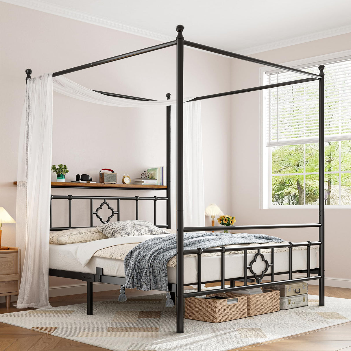 Homkdom Canopy Bed Frame with Storage Headboard, Queen Size Bed Frame with 4 Removable Posts, Sturdy Metal Platform with Under-Bed Storage, Dual Purpose Bed Frame, No Box Spring Needed, Black Homkdom