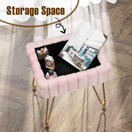 Greenstell Vanity Stool Chair Faux Fur with Storage, 15.7"L x 11.8"W x 19.4"H Soft Ottoman 4 Metal Legs with Anti-Slip Feet, Furry Padded Seat, Modern Multifunctional Chairs for Makeup, Bedroom Pink GREENSTELL