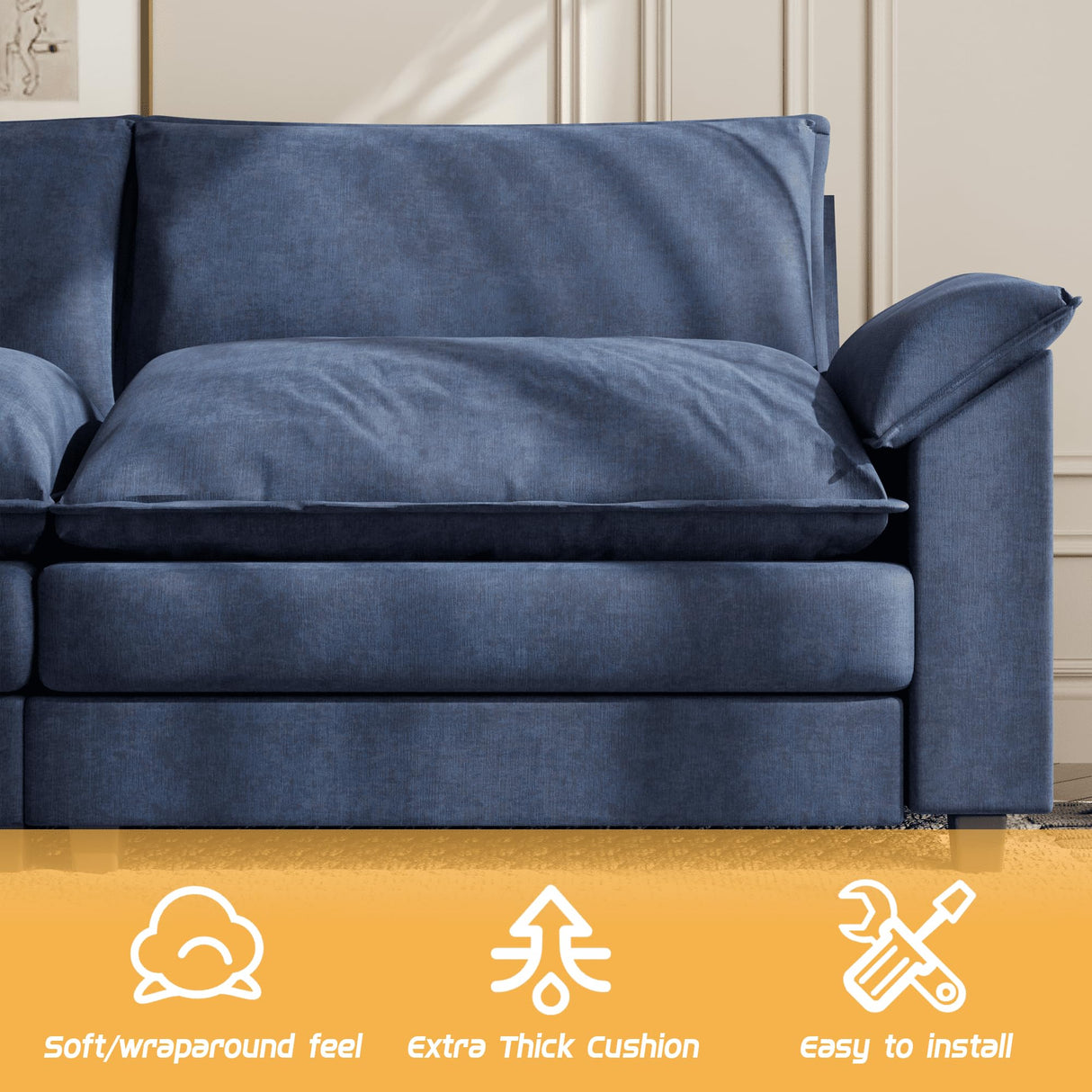 Shahoo Sectional Modular Sofa U Shaped Chenille Fabric Couch with High Supportive & Soft Sponges and Removable Ottoman, Sleeper Comfy Upholstered Furniture for Living Room, Blue Shahoo