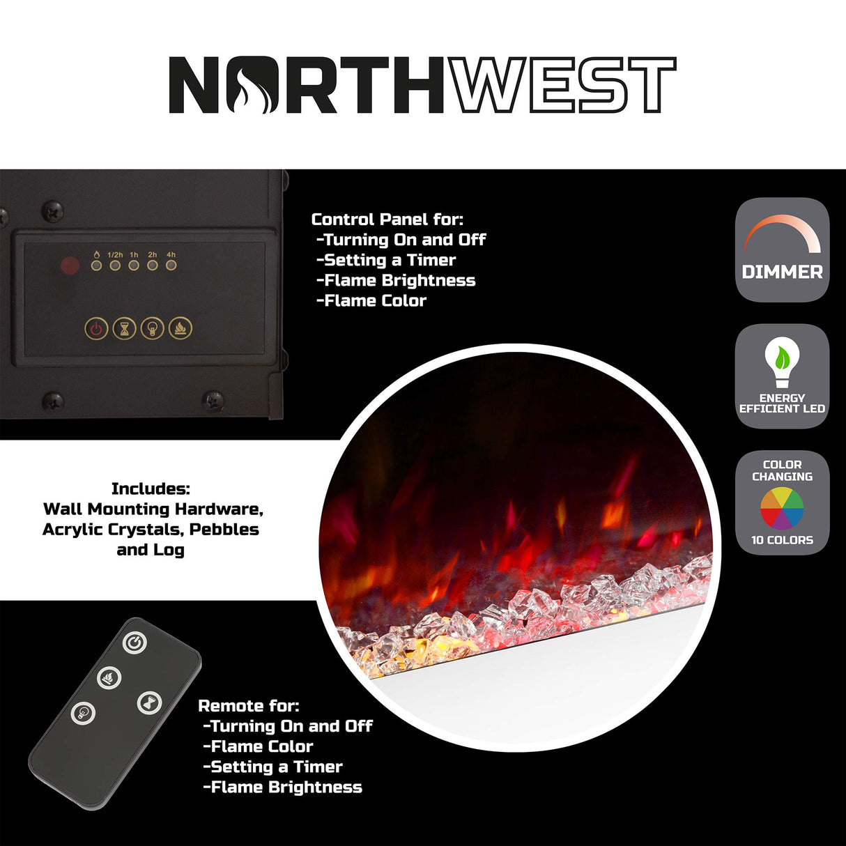 Northwest Electric Fireplace - 50 Inch Wall Mounted Fireplace with 10-Color LED Flames, 3 Backgrounds, Adjustable Brightness, and Remote (White) Northwest
