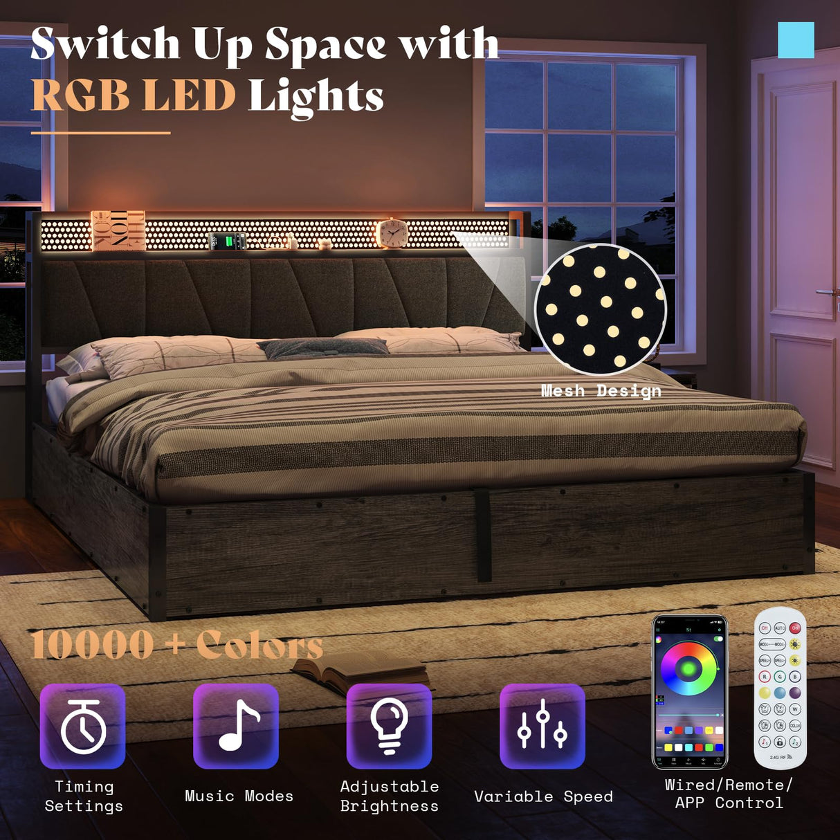 AMERLIFE King Size Lift Up Bed Frame with Linen Upholstered & LED Light & Storage Headboard, Platform Bed Frame with Charging Station, No Box Spring Needed, Noisy Free, Rustic Grey AMERLIFE